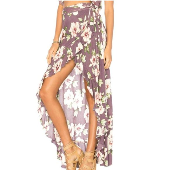BLUE LIFE Aura Wrap Maxi Skirt REVOLVE Lavender Hibiscus Floral Print Ruffle - Picture 2 of 10